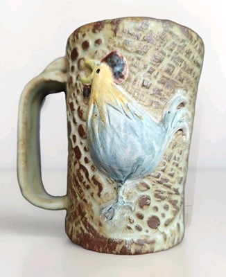 3-D Handmade Artisan Stoneware Farmhouse Coffee Mug 3D Rooster Textured Facade