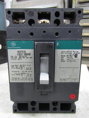  GE GENERAL ELECTRIC 100A BOLT ON CIRCUIT BREAKER 3P 480 VAC 250 VDC TED134100