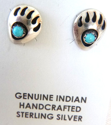 Gaynell Parker Navajo Stud Earrings Bear Paw w/Turquoise 925 Sterling Silver