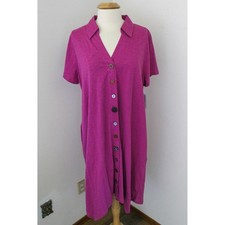 Soft Surroundings Dress 1X Bright Pink Midi Danielle Button Front Short Sleeve
