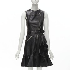 ALEXANDER MCQUEEN 2022 black leather biker belted ruffle trim dress IT38 XS