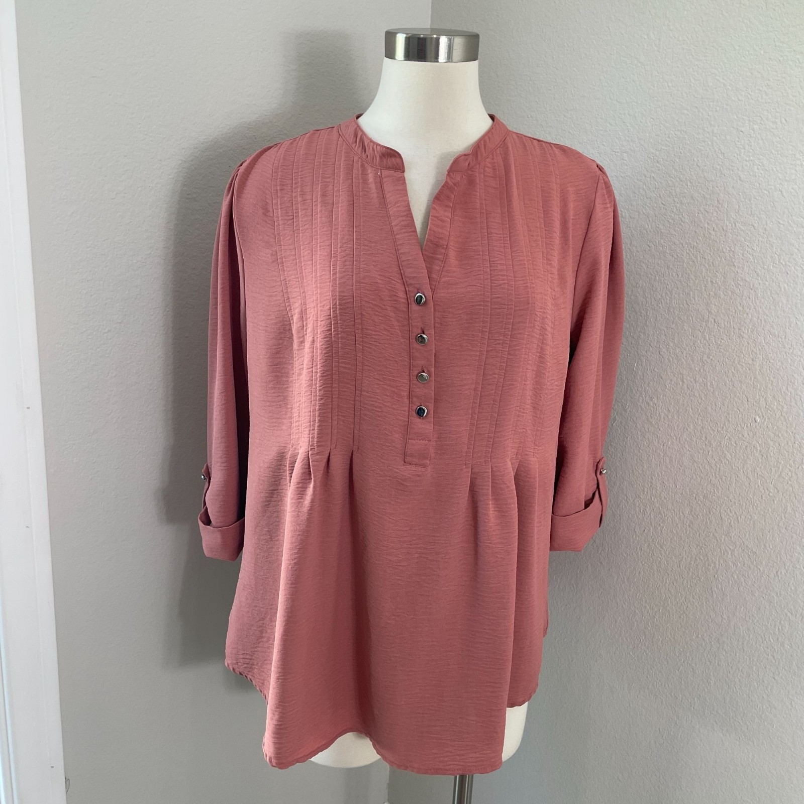 Cocomo Woman Plus 1X Rose Pink Blouse With Button Detail Pintuck Design Shirt