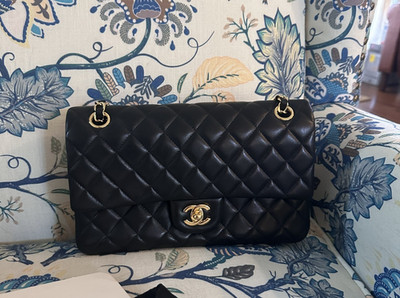 CHANEL Medium Classic Flap Black Lambskin Gold Hardware Shoulder Bag Authentic