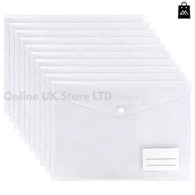 ONLINE UK STORE LTD 50x A4 Clear Plastic Document Wallet Folder with Snap Button & Label Office File