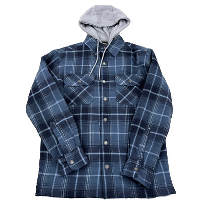 RedHead Shacket Men Small Blue Plaid Flannel Shirt Jacket Quilt Lined Hoodie A23