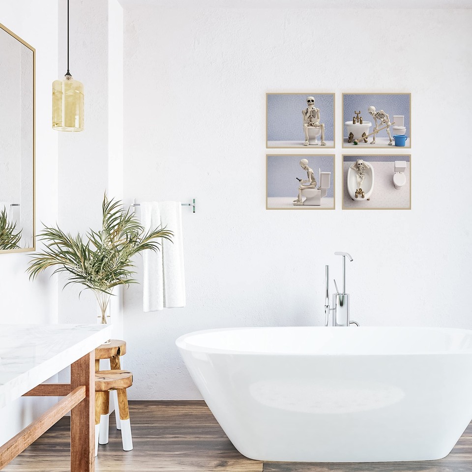Skeleton on Toilet, Skeleton Bathroom Decor, Weird Wall Art, Skeleton
