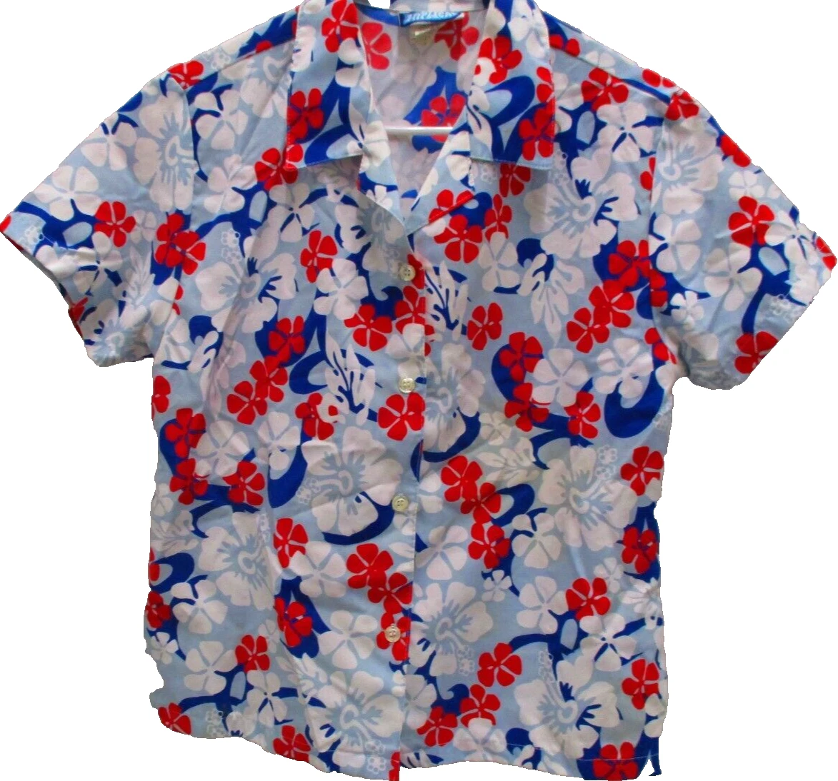 Hip Wear Hawaiian Shirt, S/S, Medium, Light Gray w/Red, White, & Blue Flowers
