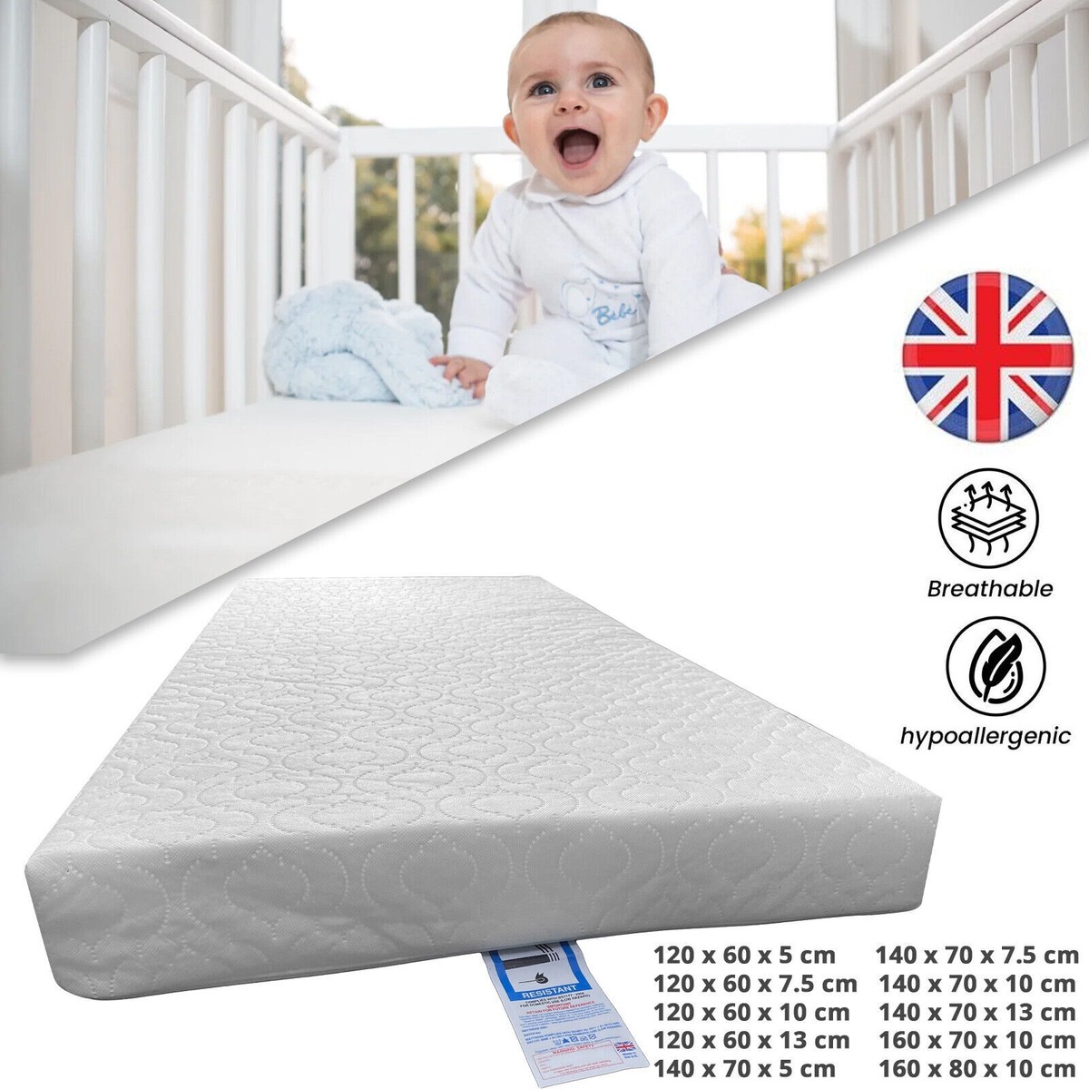BABY COT BED TODDLER QUILTED MATTRESS WATERPROOF BREATHABLE
