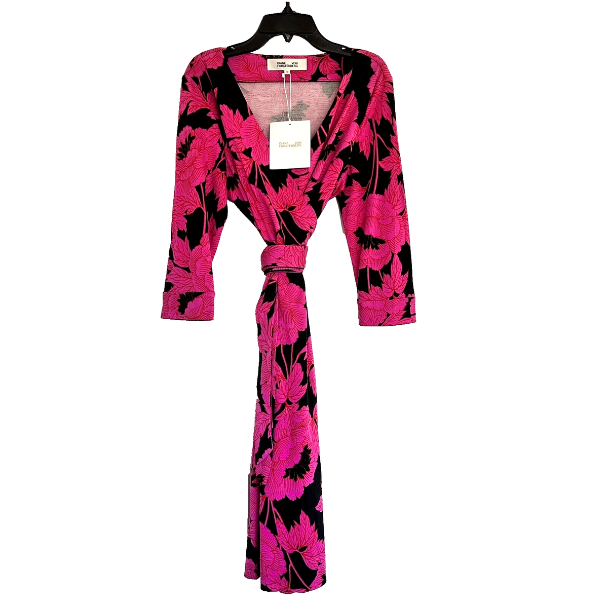 NWT DVF Julian Wrap Dress Silk Jersey 3/4 Sleeve Floral Print Pink Black Size 10