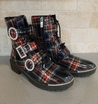 Jessica Simpson Plaid Combat Boots Rhinestone Bling Buckles Side  5M~EUC!