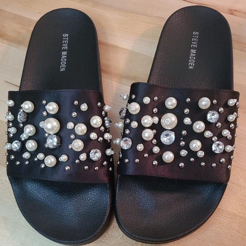 Steve Madden Womens Jeweled Pool Slides, Black, Size 9 S/M | eBay
