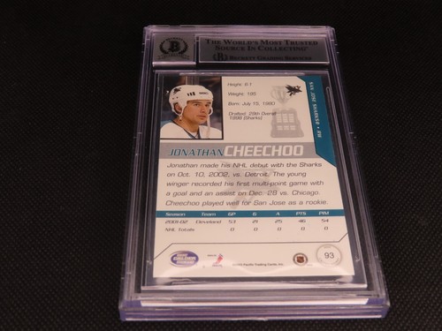 Tarjeta Jonathan Cheechoo 2002-03 Pacific Calder #93 automática tiburones Beckett certificado de autenticidad - Imagen 6 de 7