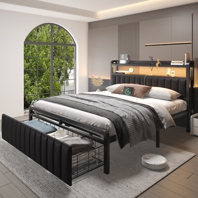 Full Queen Size Bed Frame with 2-Tier Storage Headboard and Storage Drawers