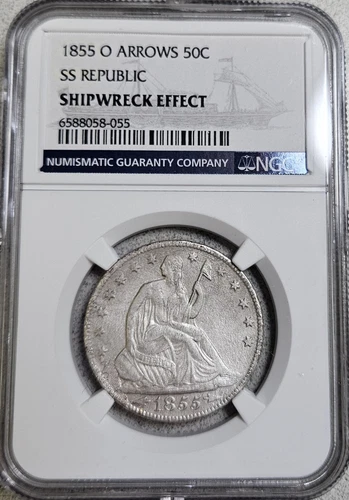 1855-O Arrows SS Republic NGC Shipwreck Effect Seated Liberty Half Dollar