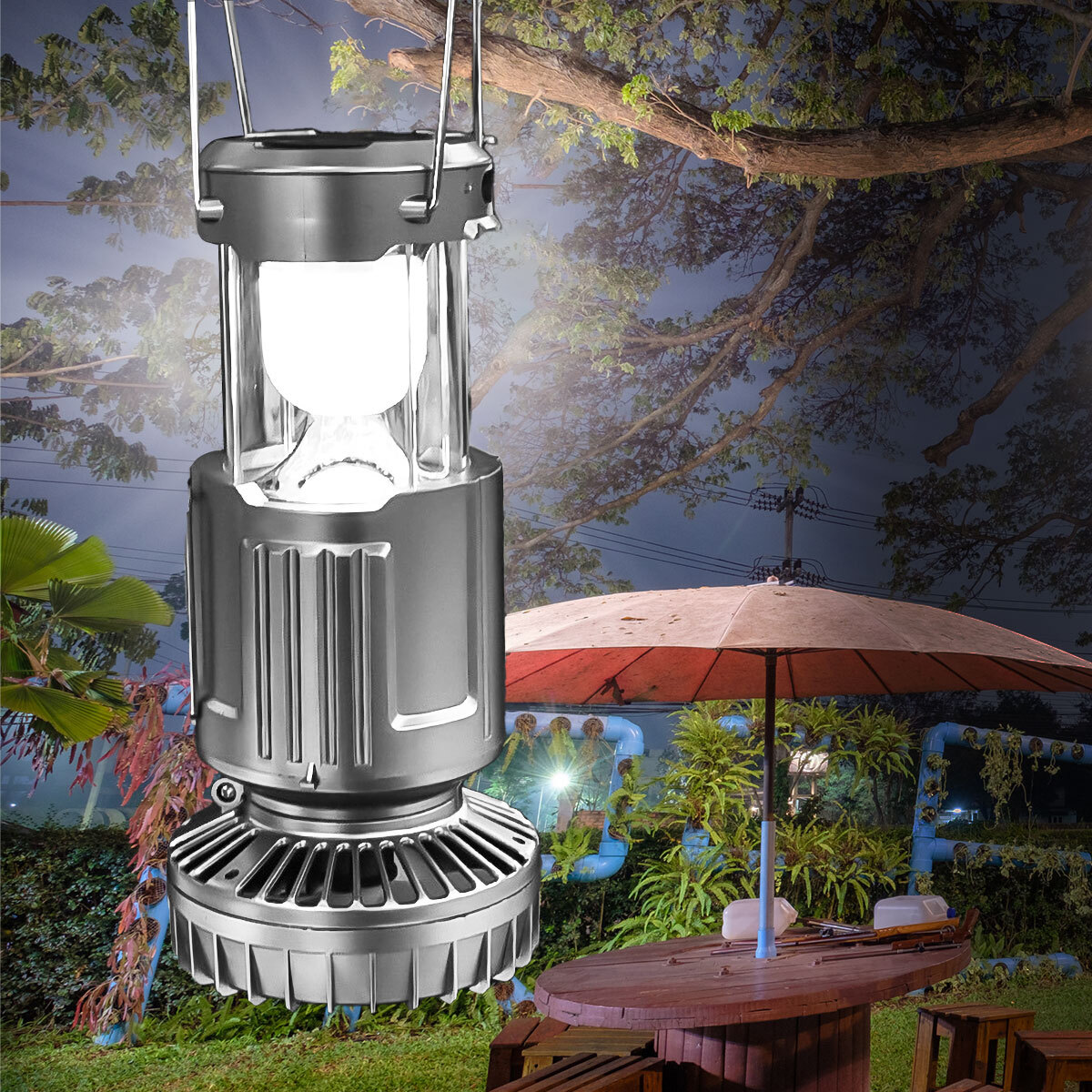 Solar Power LED Camping Lantern Light Fan Rechargeable Tent Lamp Flashlight
