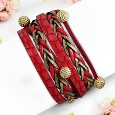 Bohemian Boho Woven Multi Wrap Red PU Leather with Balls Charm Snap Bracelet