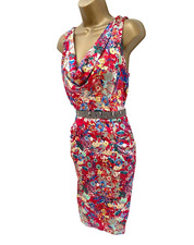 Yumi Dress Size M (Approx 12) Red Multicoloured Satin Beaded Pockets Cowl Neck