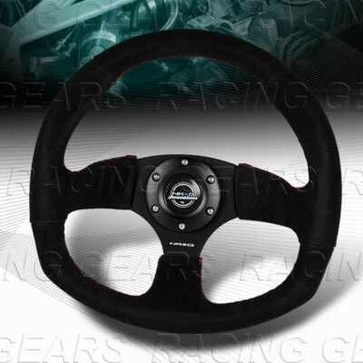 350MM NRG RST-009S-RS RACE STYLE BLACK SUEDE RED STITCH 14-INCH STEERING WHEEL