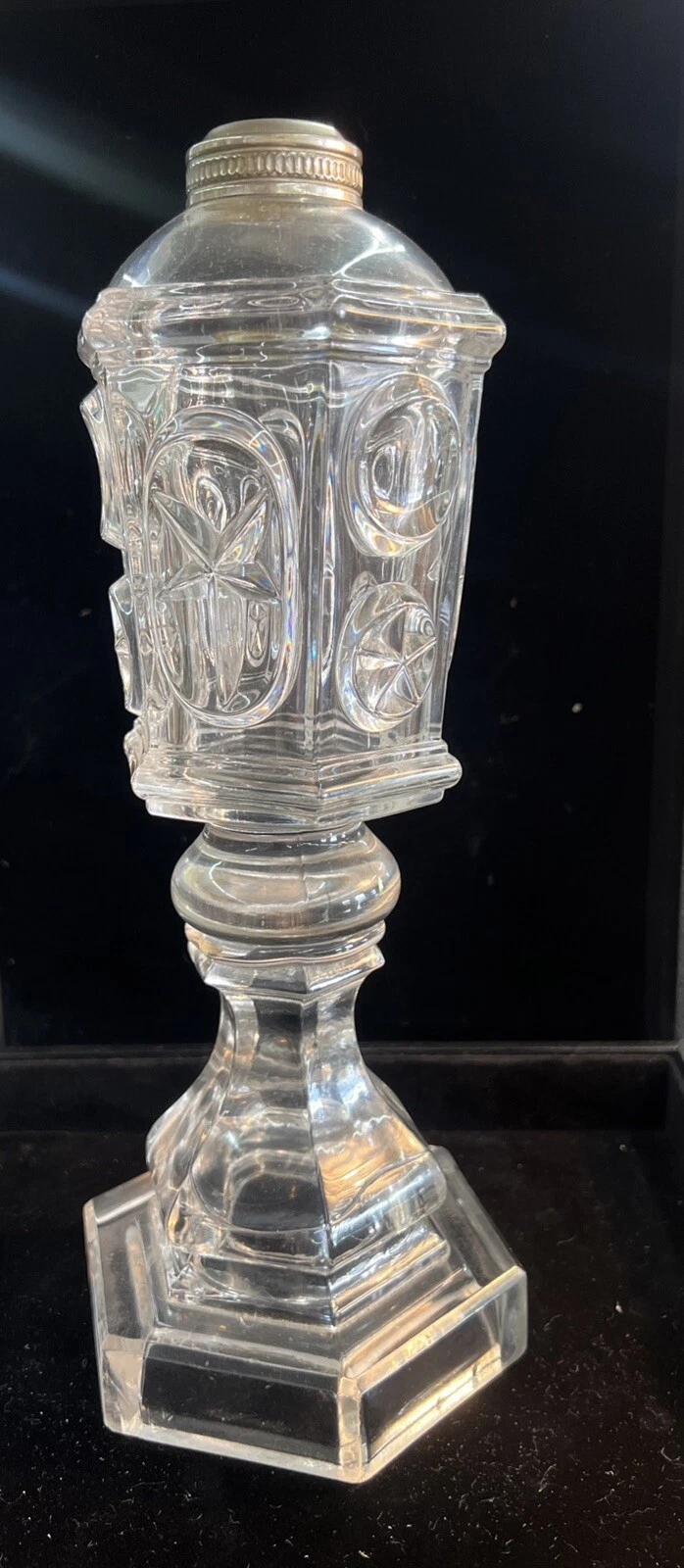 1840s BOSTON & SANDWICH PRESSED GLASS STAR & PUNTY WHALE OIL STAND LAMP.
