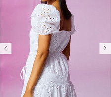 Boohoo Mini Dress Women Size 12 White  Puffed Sleeves off Shoulders Cotton NWT