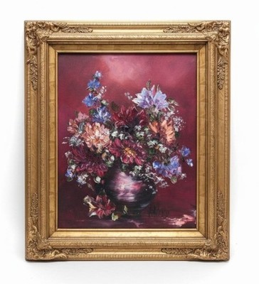 Vtg Original 25x21 MCM Oil Painting Still Life Purple Floral Bouquet Jay Bird