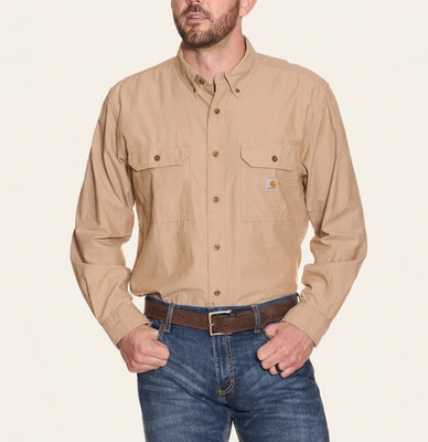 Mens Chambray Work Shirt Long Sleeve Button Down Khaki Loose Fit Size L