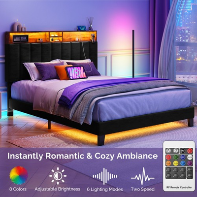 #ad Metal Bed Frame with LED Lighting amp; Storage Headboard amp; Charging Full Queen Size $163.99