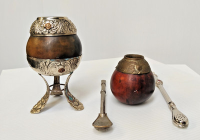 Genuine Vintage 2x Yerba Mate Gourd & Bombilla Straw x2 South American Mate -AF