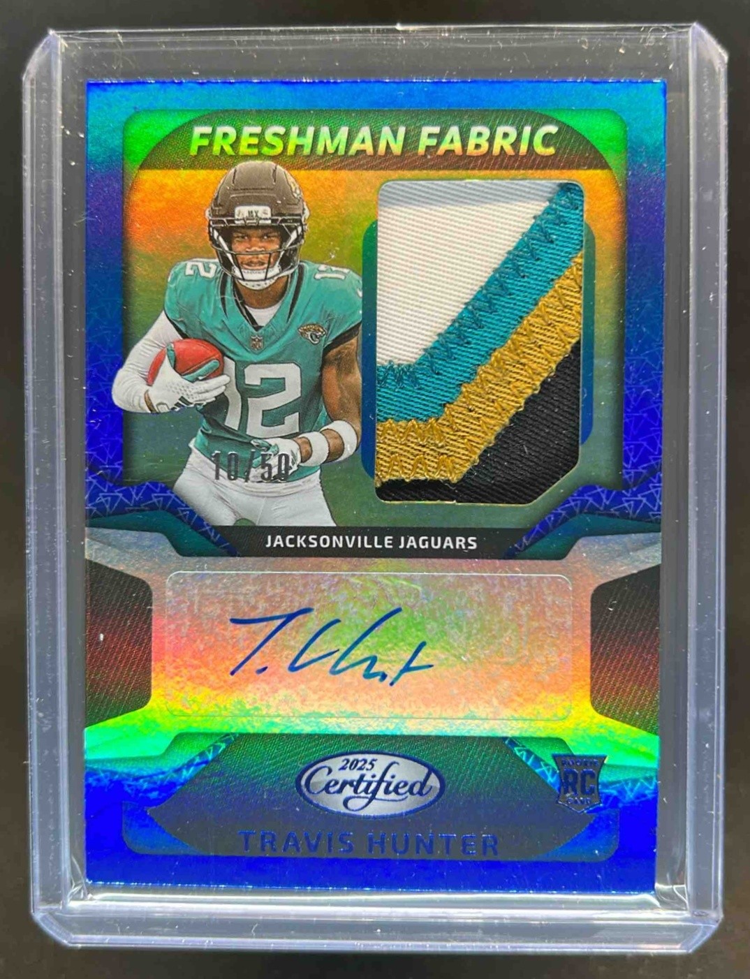 2025 Certified Travis Hunter Freshman Fabric Mirror Patch Blue RC Auto #10/50