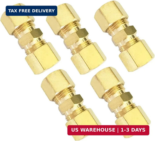 Brass Compression Tube Fitting, Union, 1/4" OD X 1/4" OD, 5Pcs