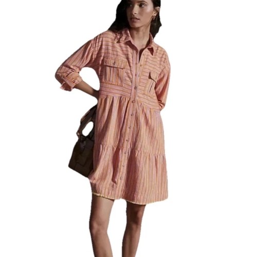 Anthropologie Pilcro Tiered Linen Blend Shirt Dress M Orange Stripe Long Sleeve
