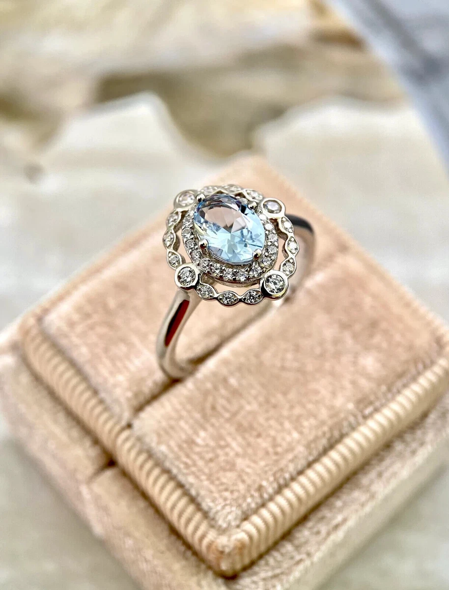 Bleu Fian ailles Bague Ocean Aigue Marine Promesse 925 Argent