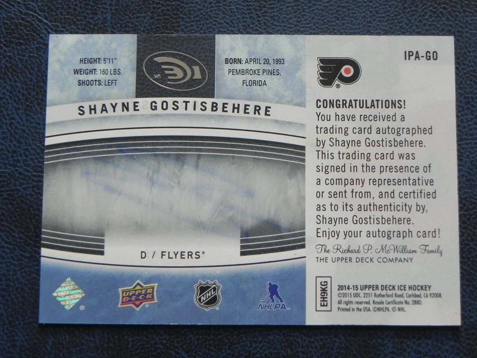 2014-15 14/15 UD Ice Premieres Autograph IPA-GO Shayne Gostisbehere Flyers - Image 2 of 2