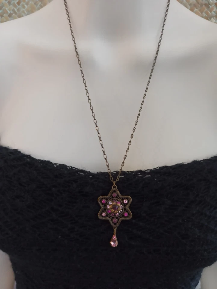 Collar Michal Negrin Estrella de David Rosa Púrpura Cristal Tonos Largo Israel Regalo Foto 3 de 4
