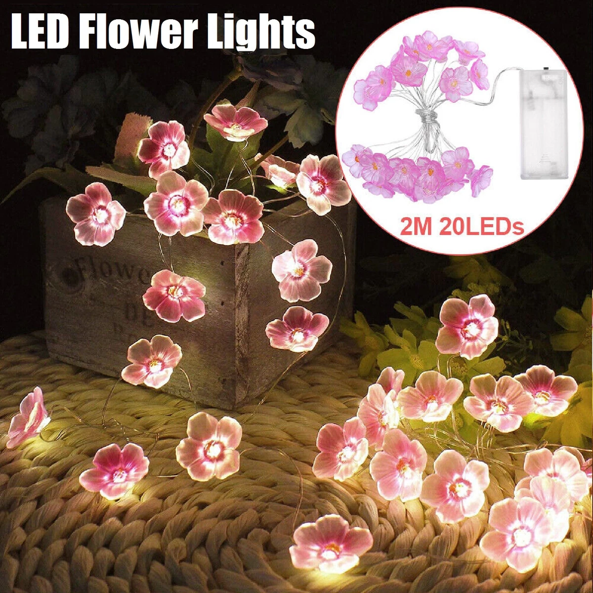 LED Cherry Blossoms Flower String Lights 2M 20 LED Fairy Xmas Party Decoration
