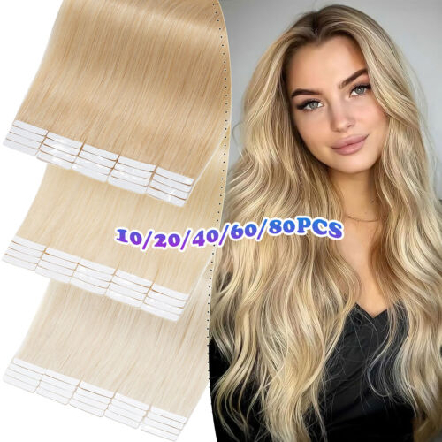 10PCS-80PCS Tape In Remy Real Human Hair Extensions Skin Weft Blonde Full Head L - Afbeelding 1 van 106