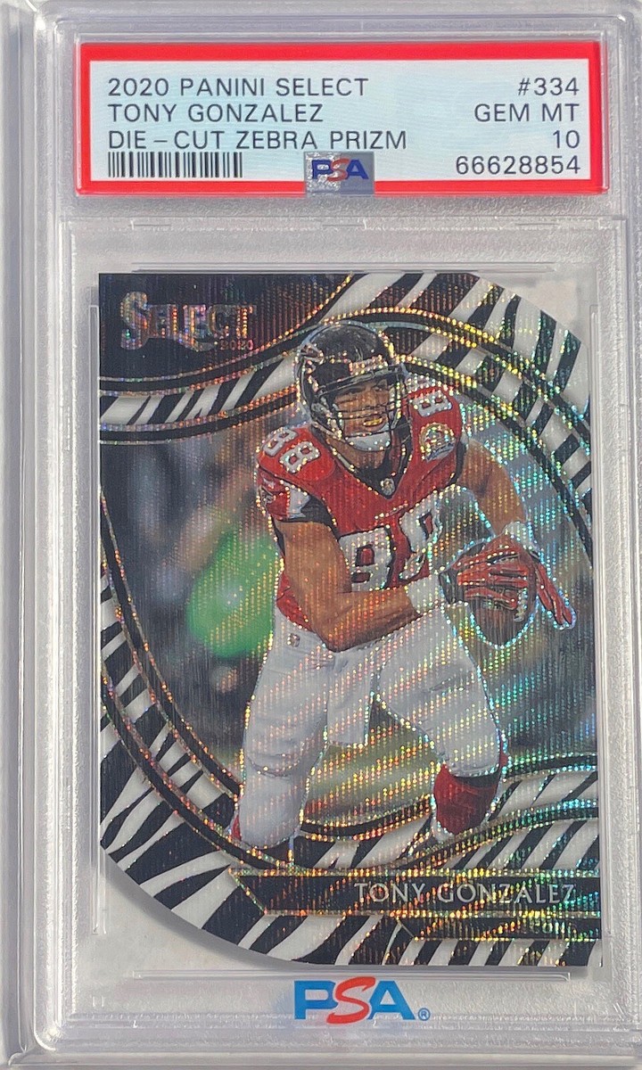 TONY GONZALEZ 2020 PANINI SELECT DIE CUT ZEBRA PRIZM SSP #334 PSA