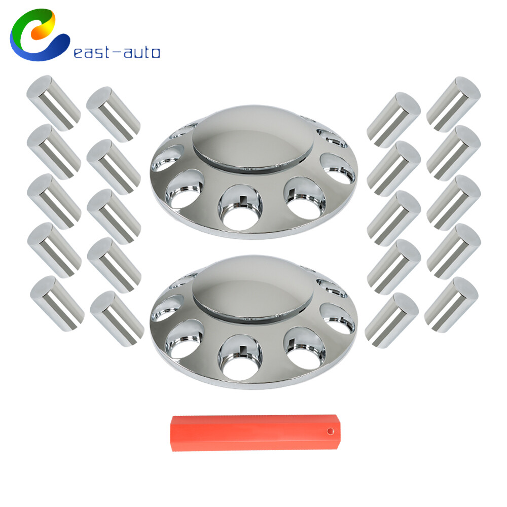 Semi Truck Front Axle Hub Cover Cap 33mm Thread-On Chrome Lug Nuts