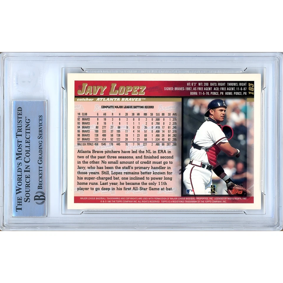 Javy Lopez Signed 1998 Topps #183 Card AUTO Beckett Slabbed Atlanta Braves - Image 2 of 4