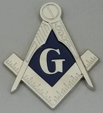 Masonic Square and Compass Car Emblem Silver & Blue Tone 