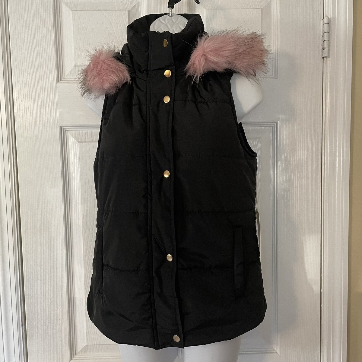 Ci Sono Womens Puffer Vest Jacket Black with Pink Faux Fur Trimmed