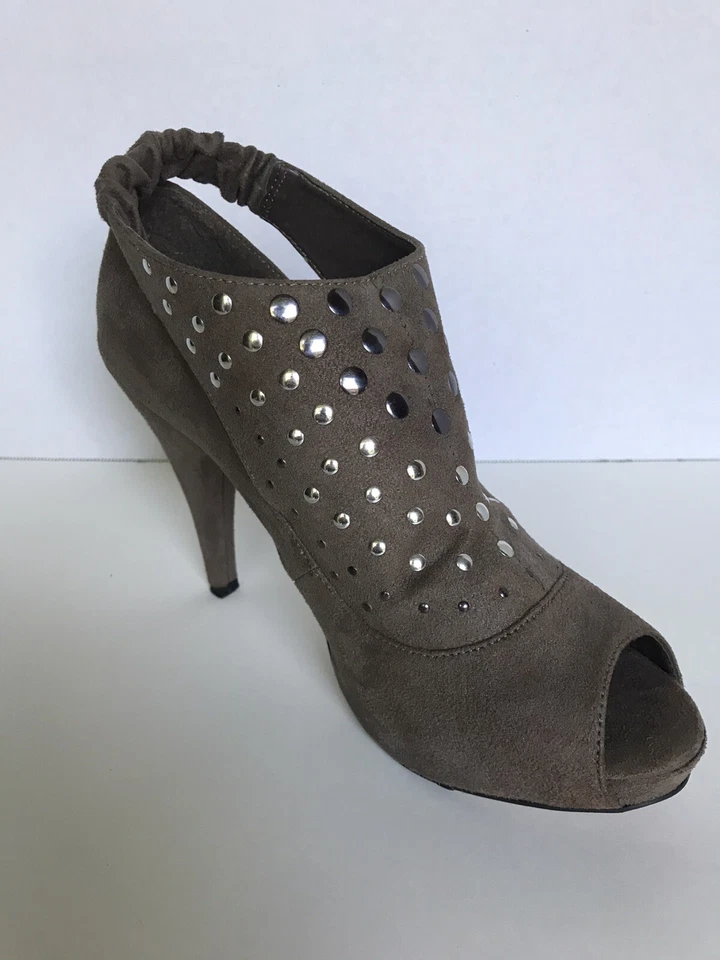 Mujer Tacón Tachuela Sandalia Botines Punta abierta Eslinga Espalda Imitación Gamuza Taupe Talla 10 Foto 4 de 4