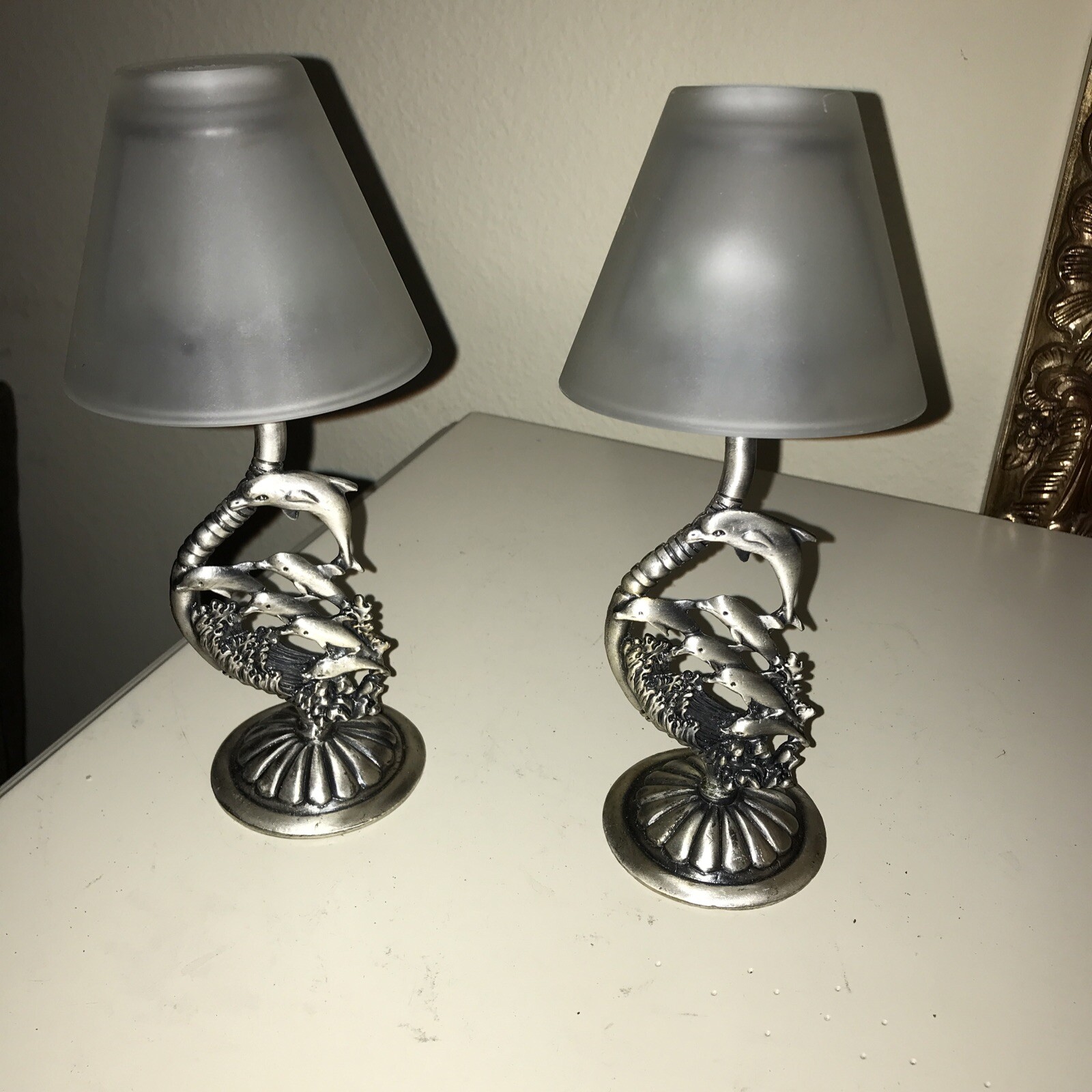 Tea Light Candle Holder. Art Sculpture of * Dolphins Jumping Waves.