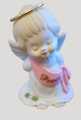 Vintage 1994 Enesco Ruth Morehead Holly Babes Angel Figurine Pink Peace Sash