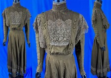 Victorian Brown Silk Button Lace Trim High Neck Collar Bodice Skirt Dress VTG