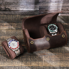 Uhrenetui aus Crazy Horse Leder Vintage Uhrenbox Druckknopf für 2 Uhren Kaffee