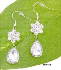 Rhinestone Flower w/ Dangling Tear Drop Earrings - Clear - ER-21755CR