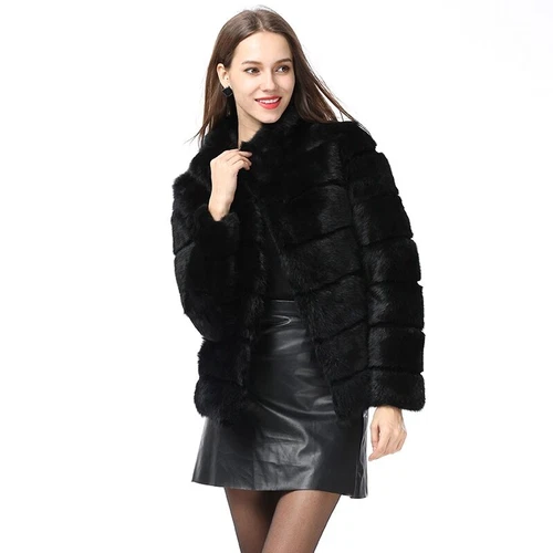 Abrigo de piel de conejo cuello alto chaqueta nuevo invierno mujer moda - Imagen 5 de 10