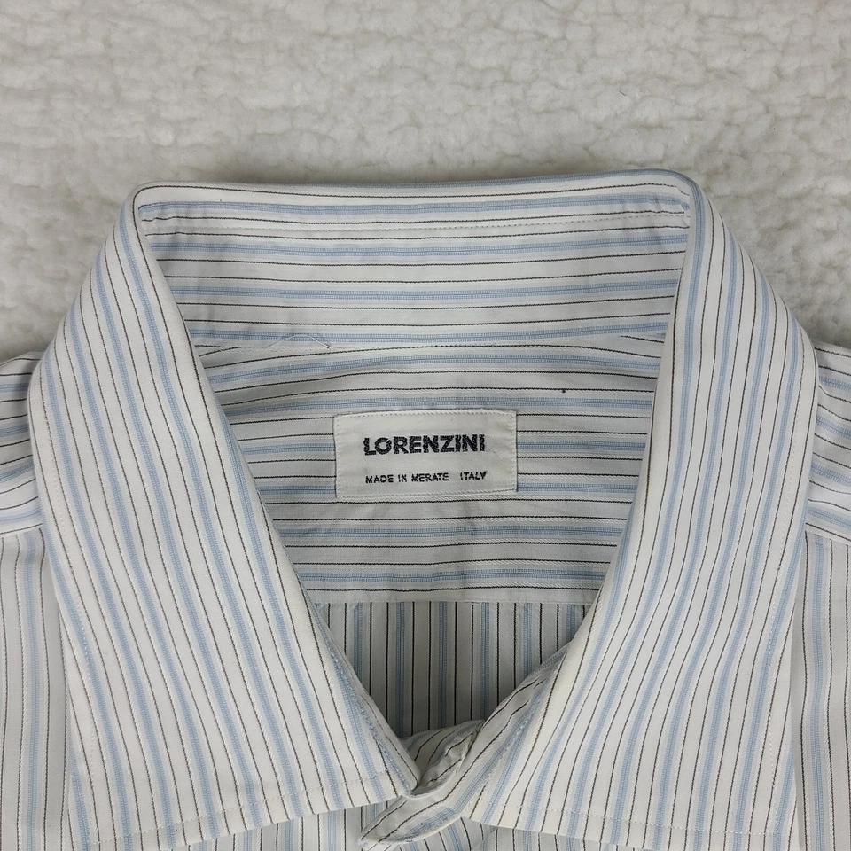 Camisa de vestir Lorenzini para hombre 17/43 azul blanco a rayas 100 % algodón abotonada GC Foto 4 de 4