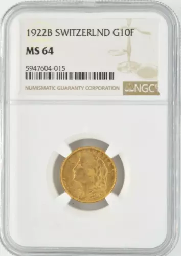1922 B Switzerland 10 Franc 0.900 Gold Coin NGC MS 64 Helvetia Berne Mint KM# 36